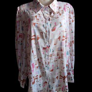 2XL Vintage 80s Abstract Print Blouse With Down Slinky Polyester Pleated Back De